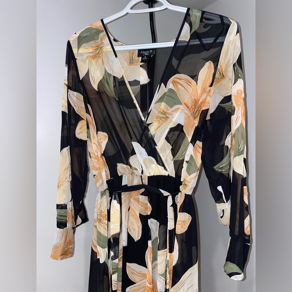 SOLD Floral Long Sleeve Dress - Black and Orange